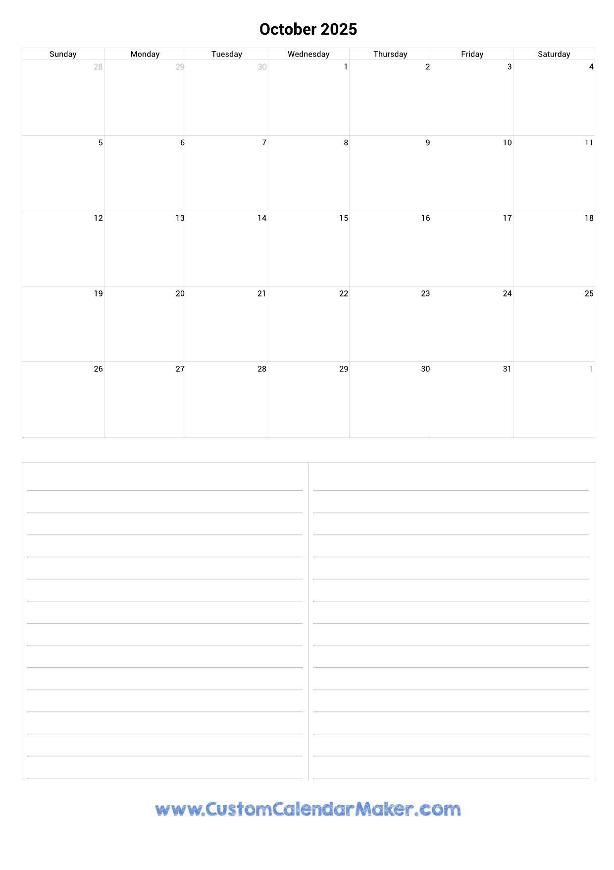 October 2025 Portrait Calendar With Notes Custom Calendar Maker