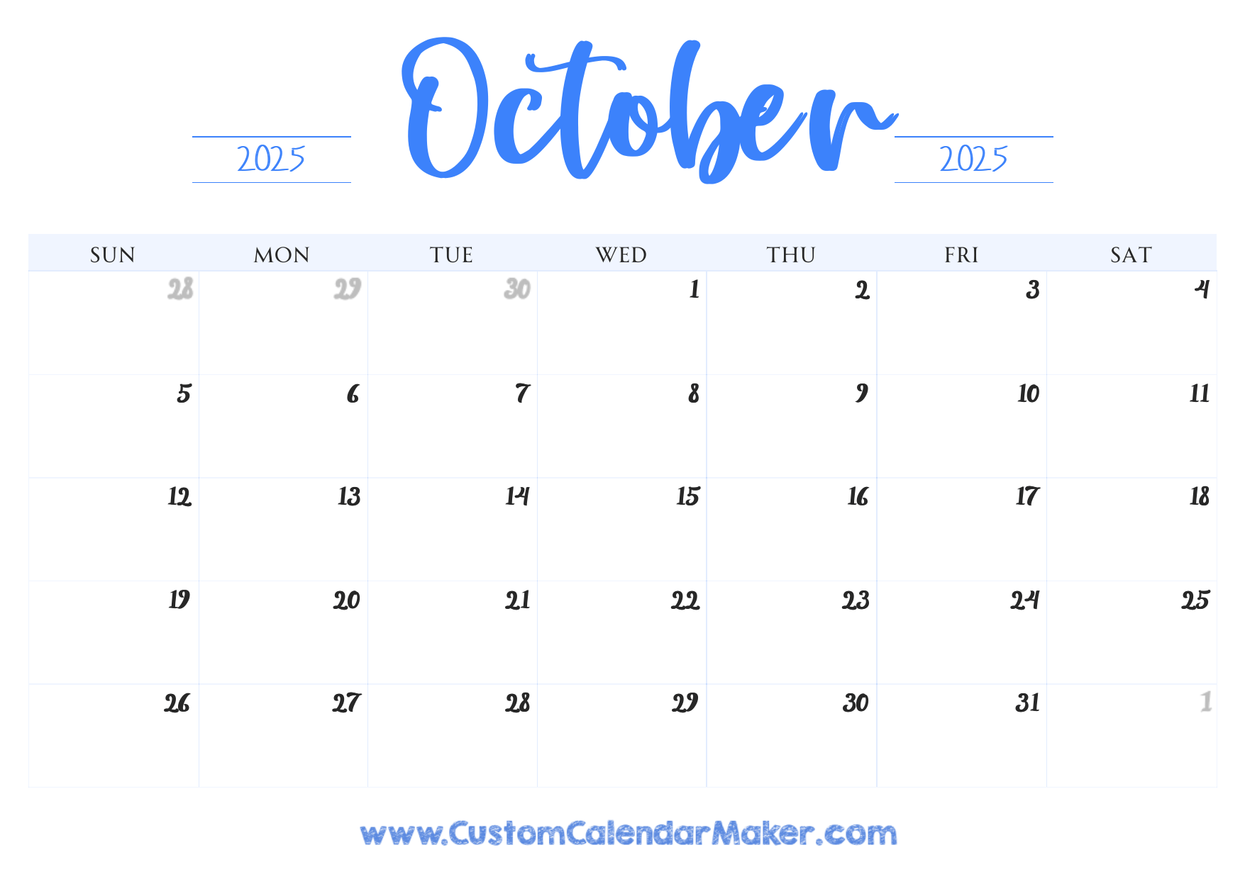October 2025 Printable Calendar 23 Free Templates PDF Custom Calendar Maker