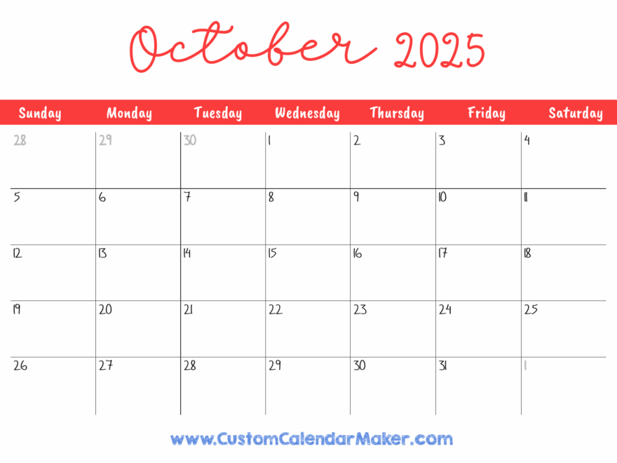 October 2025 Printable Calendar 23 Free Templates PDF Custom Calendar Maker