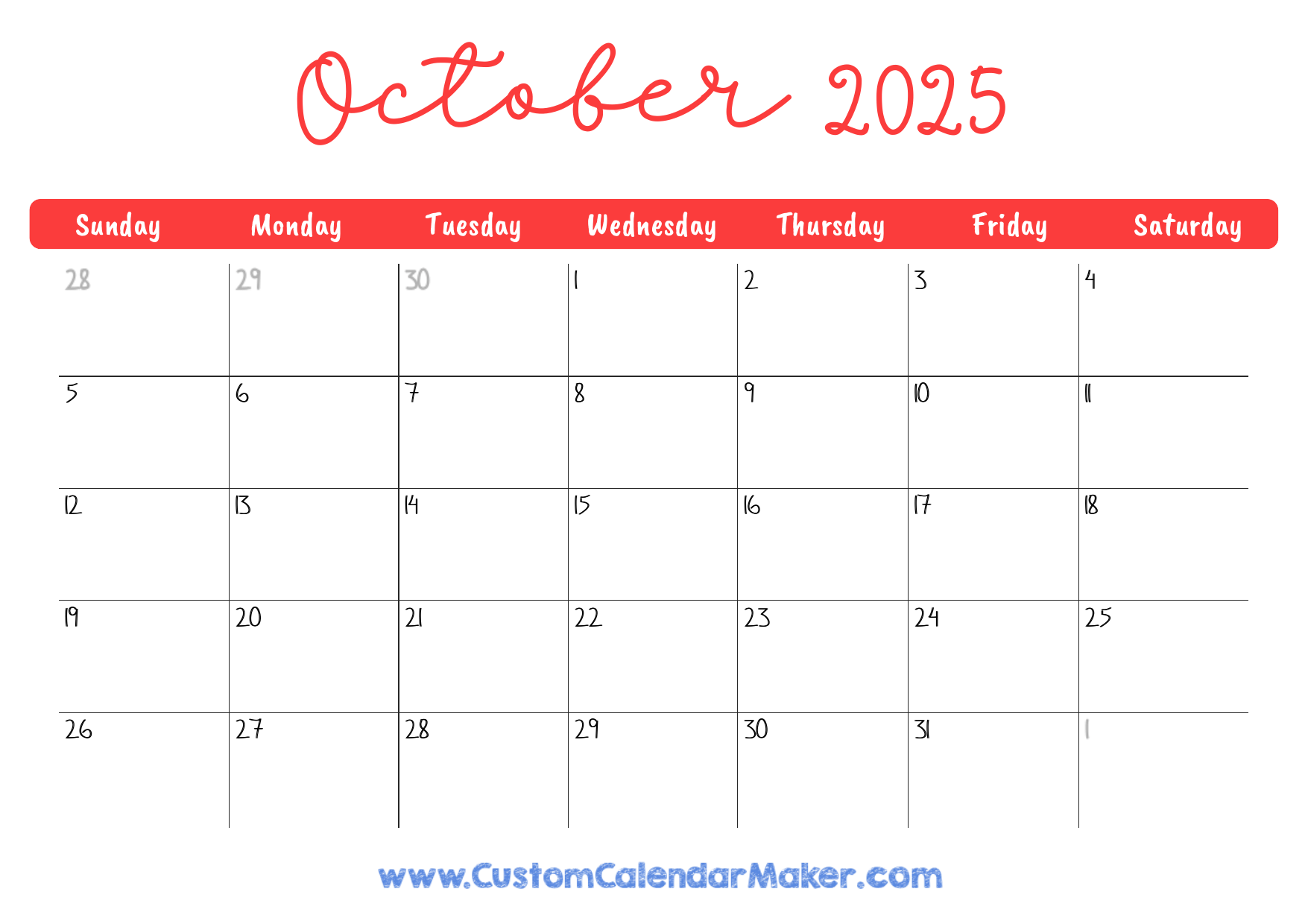 October 2025 Printable Calendar 23 Free Templates PDF Custom Calendar Maker