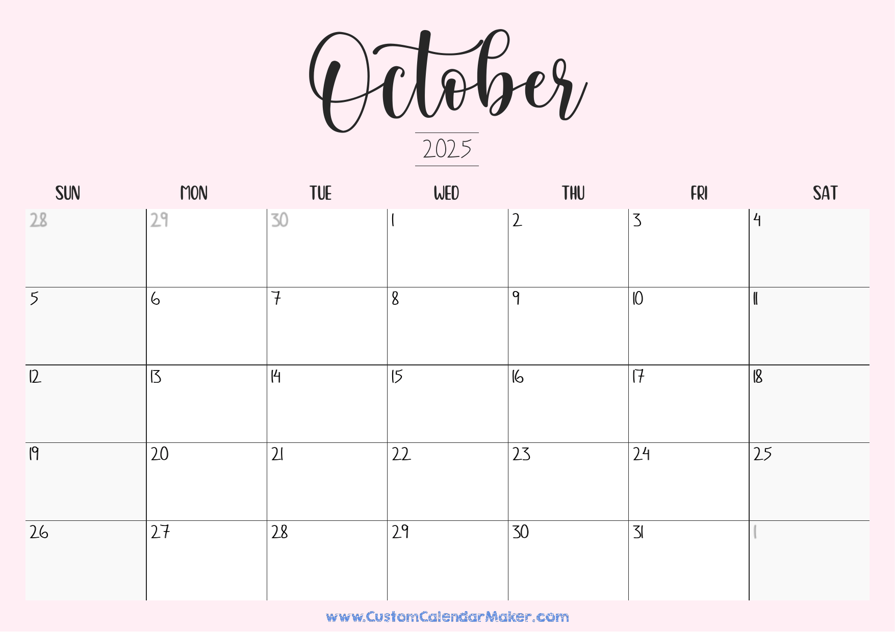 October 2025 Printable Calendar 23 Free Templates PDF Custom Calendar Maker
