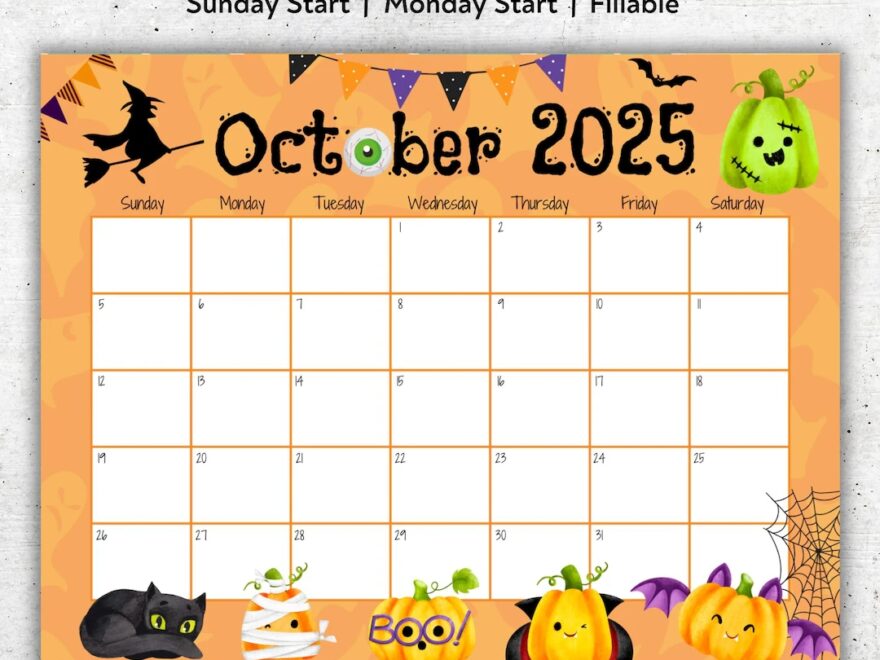 October 2025 Printable Calendar Halloween Planner Cute Spooky Pumpkins Digital Download Fillable PDF Sunday Or Monday Start Etsy