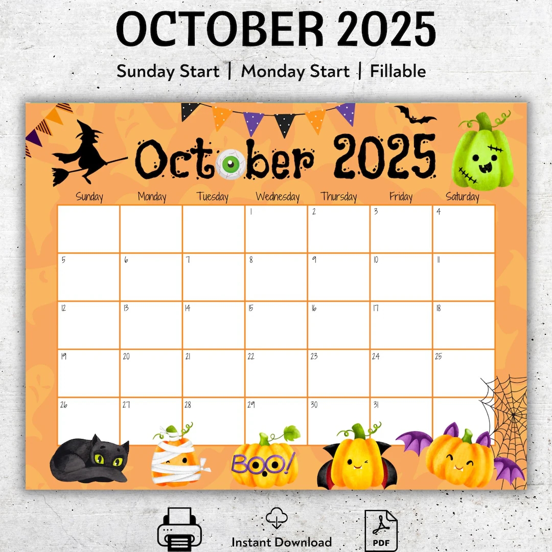 October 2025 Printable Calendar Halloween Planner Cute Spooky Pumpkins Digital Download Fillable PDF Sunday Or Monday Start Etsy
