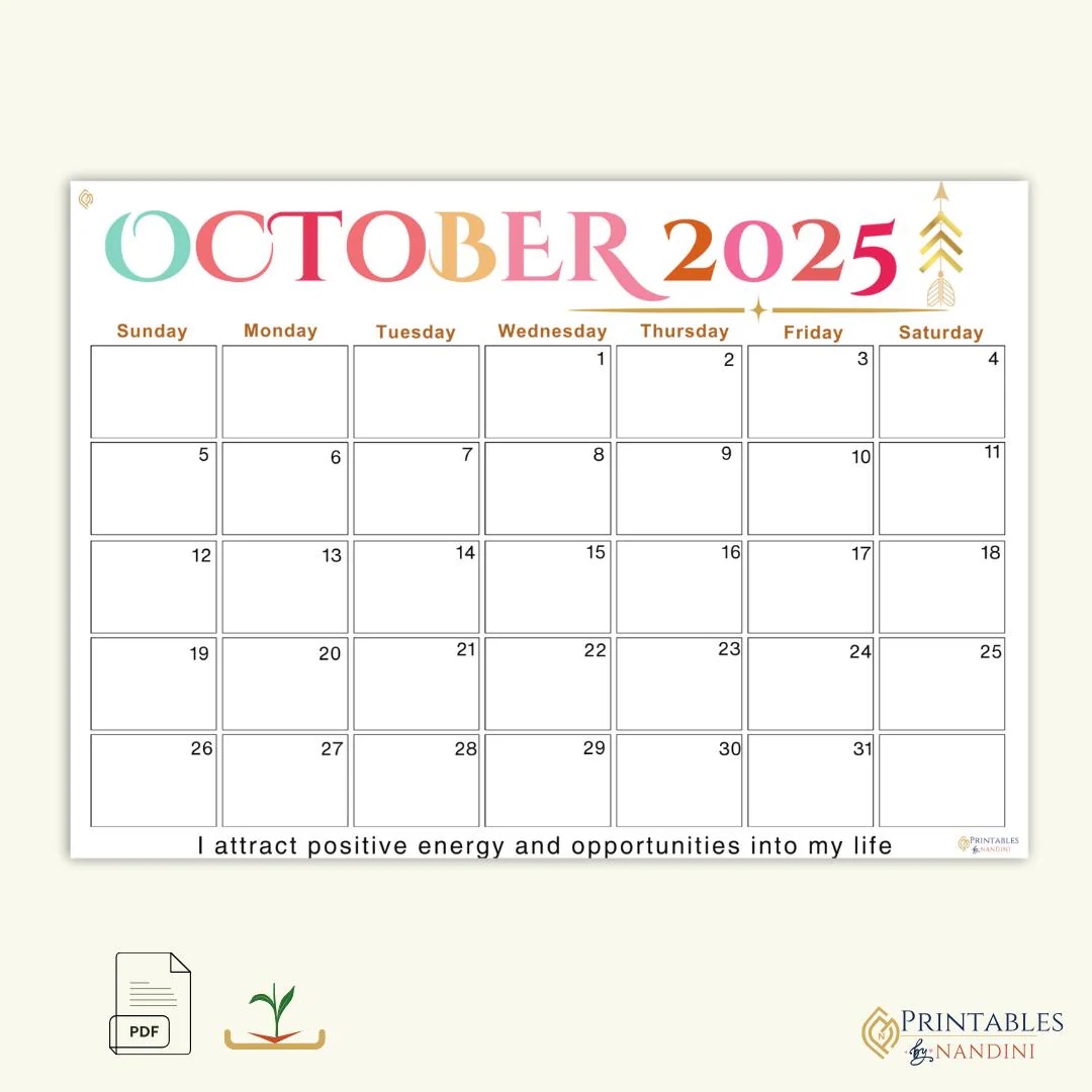 October 2025 Printable Calendar sunday Start A4 PDF With Affirmations Positive Sigils Spacious Layout Instant Download Etsy