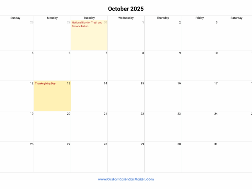 October 2025 Printable Calendar With Canadian Holidays Custom Calendar Maker