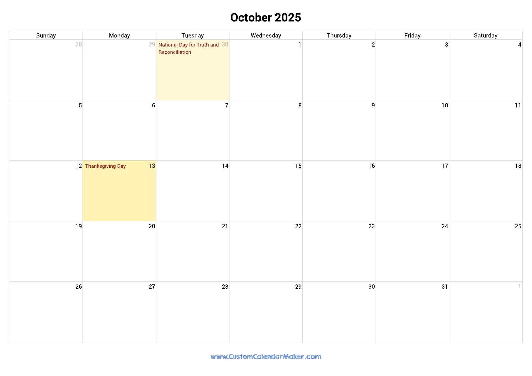 October 2025 Printable Calendar With Canadian Holidays Custom Calendar Maker
