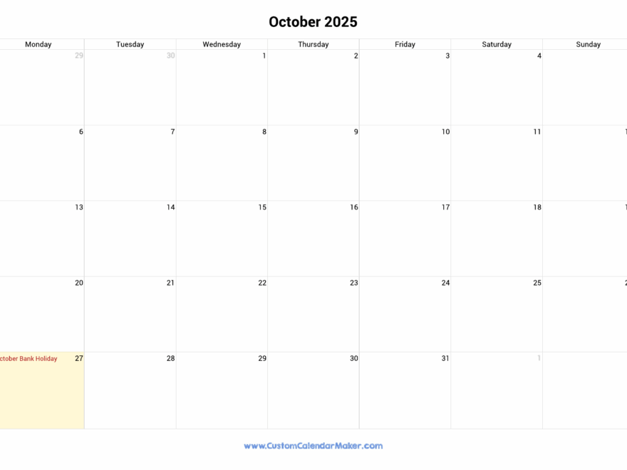 October 2025 Printable Calendar With Ireland Holidays Custom Calendar Maker