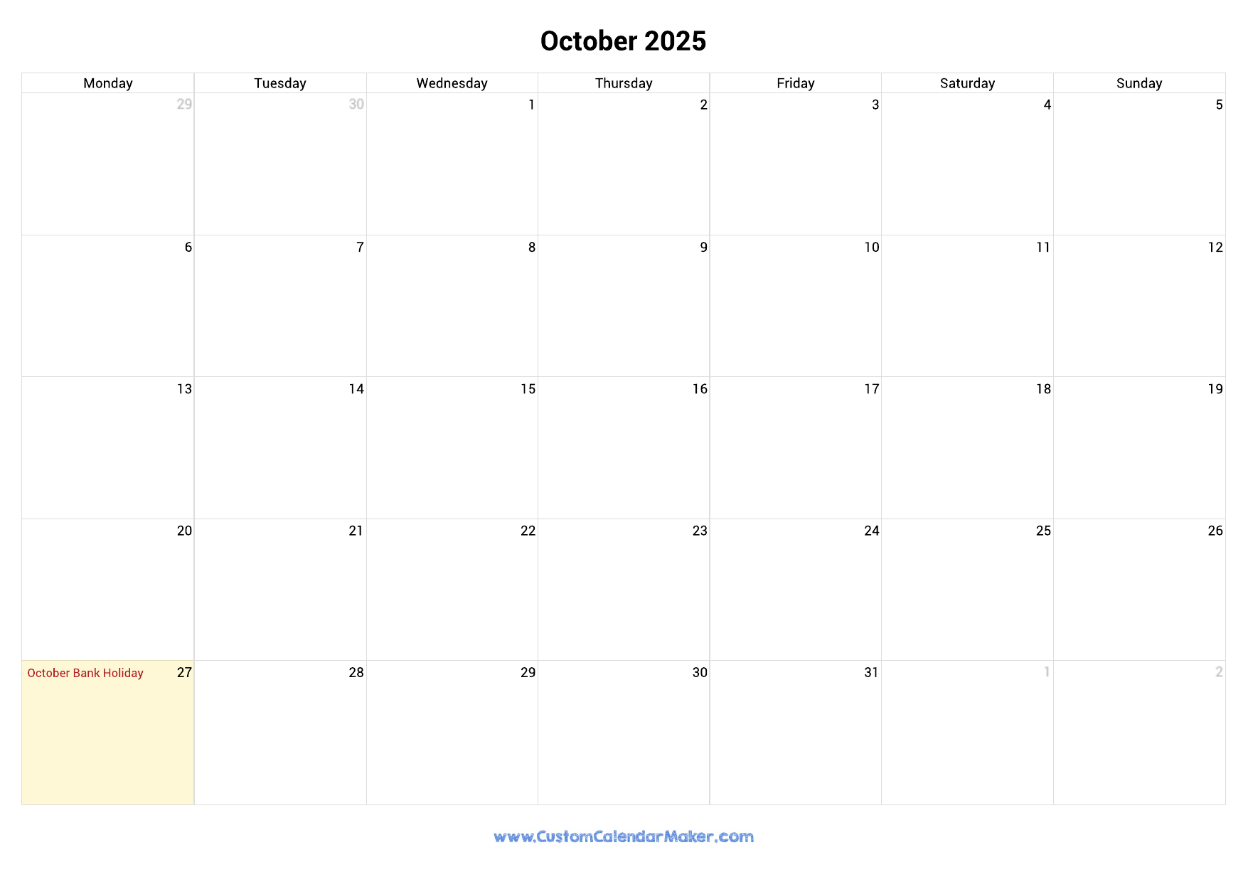 October 2025 Printable Calendar With Ireland Holidays Custom Calendar Maker