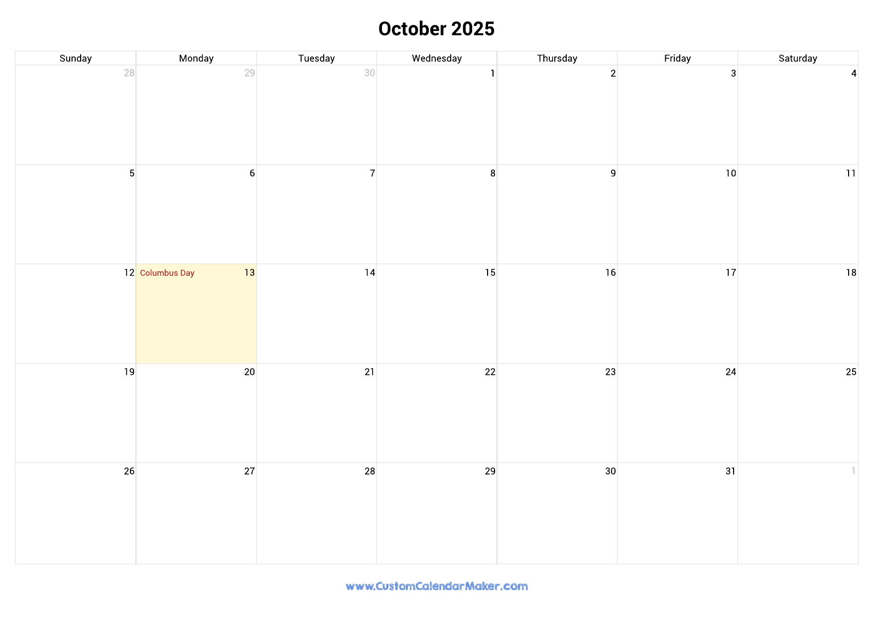 October Calendar 2025 With Holidays