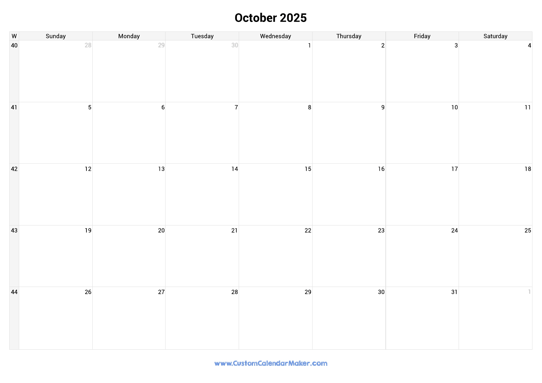 October 2025 Printable Calendar With Week Numbers Custom Calendar Maker