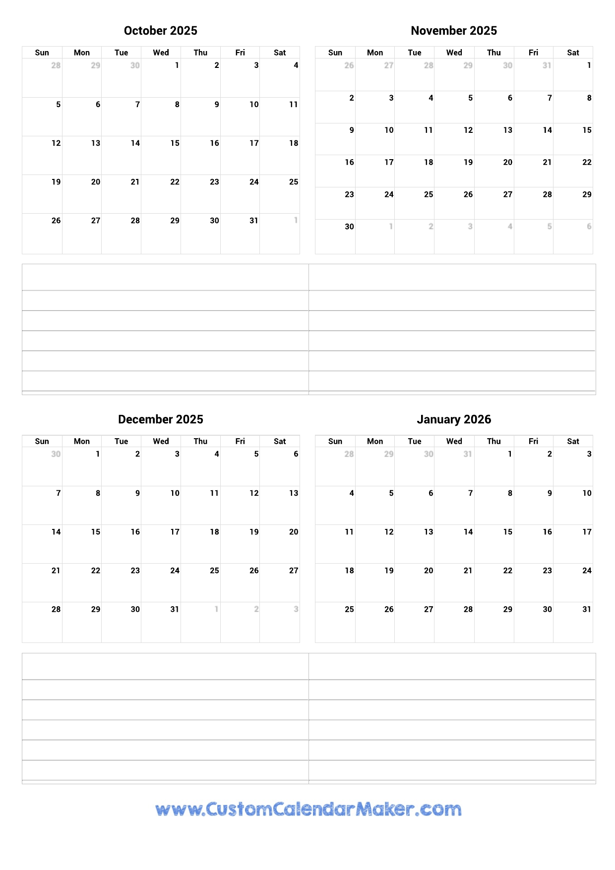 October 2025 To January 2026 Printable Calendar Custom Calendar Maker