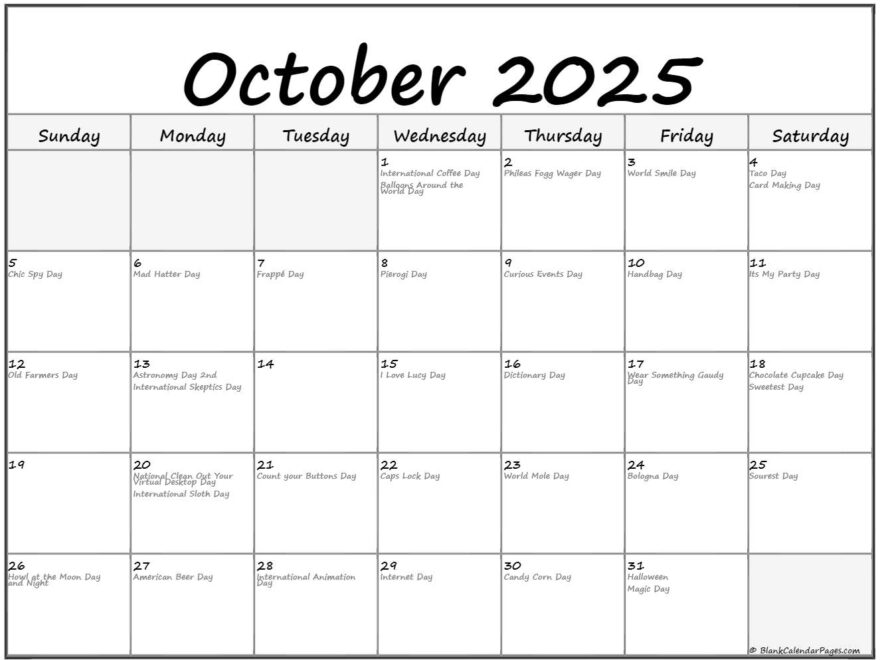 October 2025 With Holidays Calendar