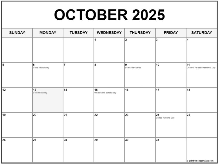 October 2025 With Holidays Calendar