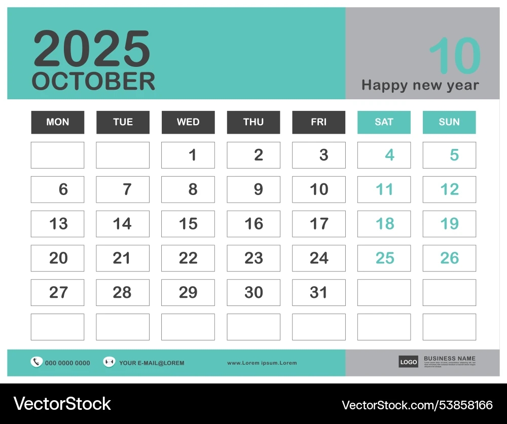 October 2025 Year Calendar Template Royalty Free Vector