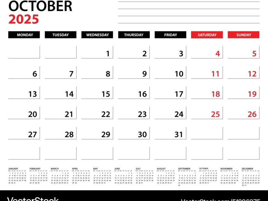 October 2025 Year Planner Template Calendar Vector Image