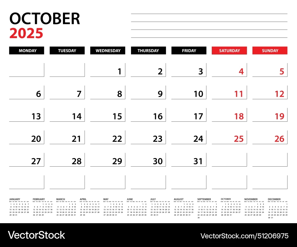 October 2025 Year Planner Template Calendar Vector Image