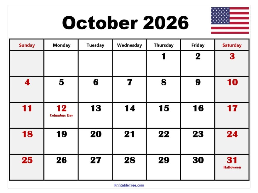 October 2026 Calendar Printable PDF Templates Free Download