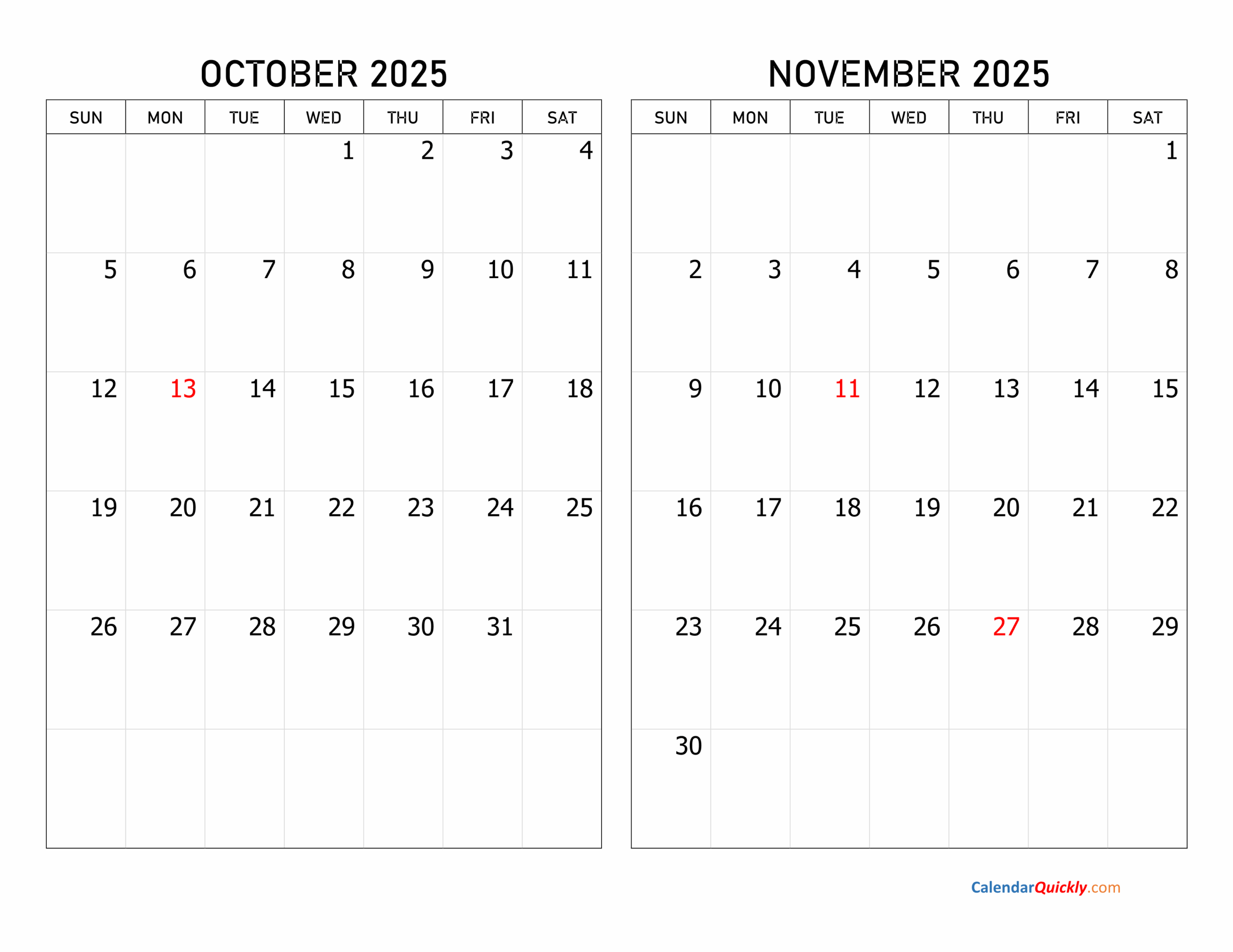 October And November 2025 Calendar