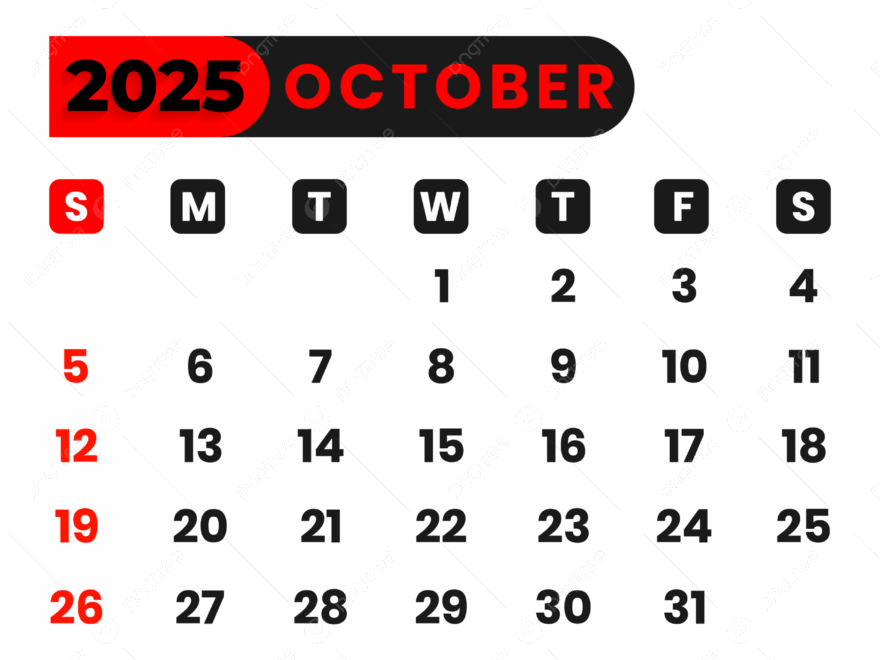 October Calendar 2025 Vector October Calendar 2025 Calendar PNG And Vector With Transparent Background For Free Download