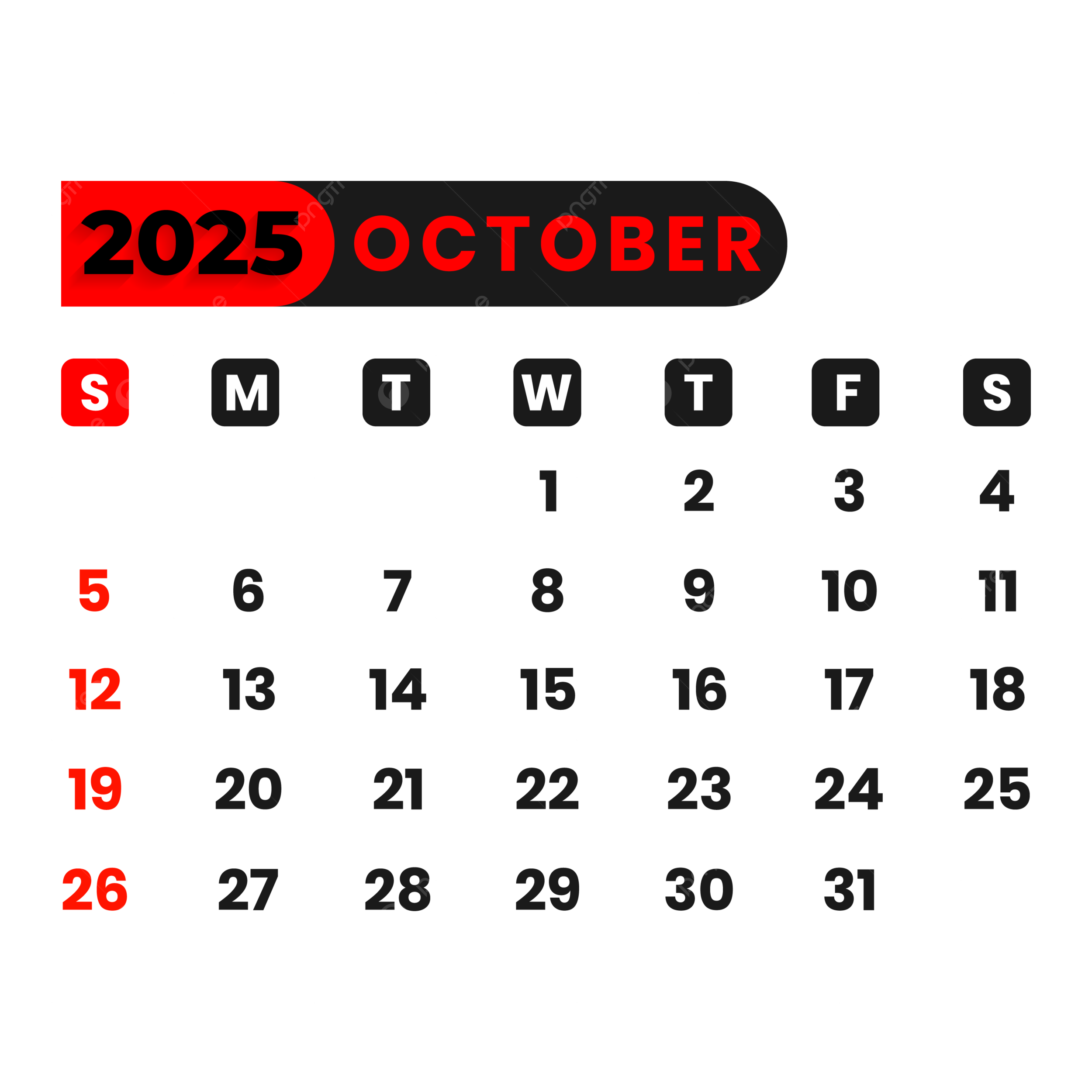 October Calendar 2025 Vector October Calendar 2025 Calendar PNG And Vector With Transparent Background For Free Download