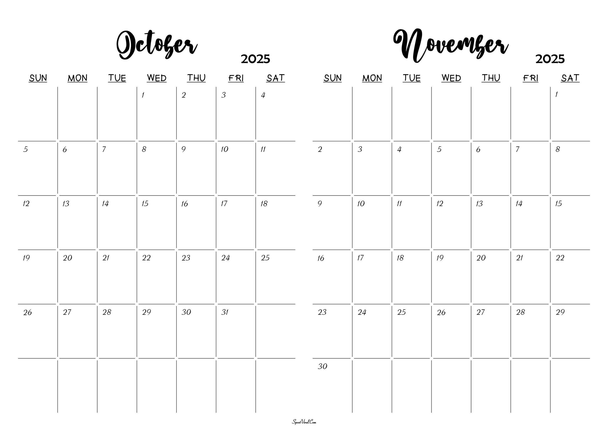 October November 2025 Calendar Templates SpootViral