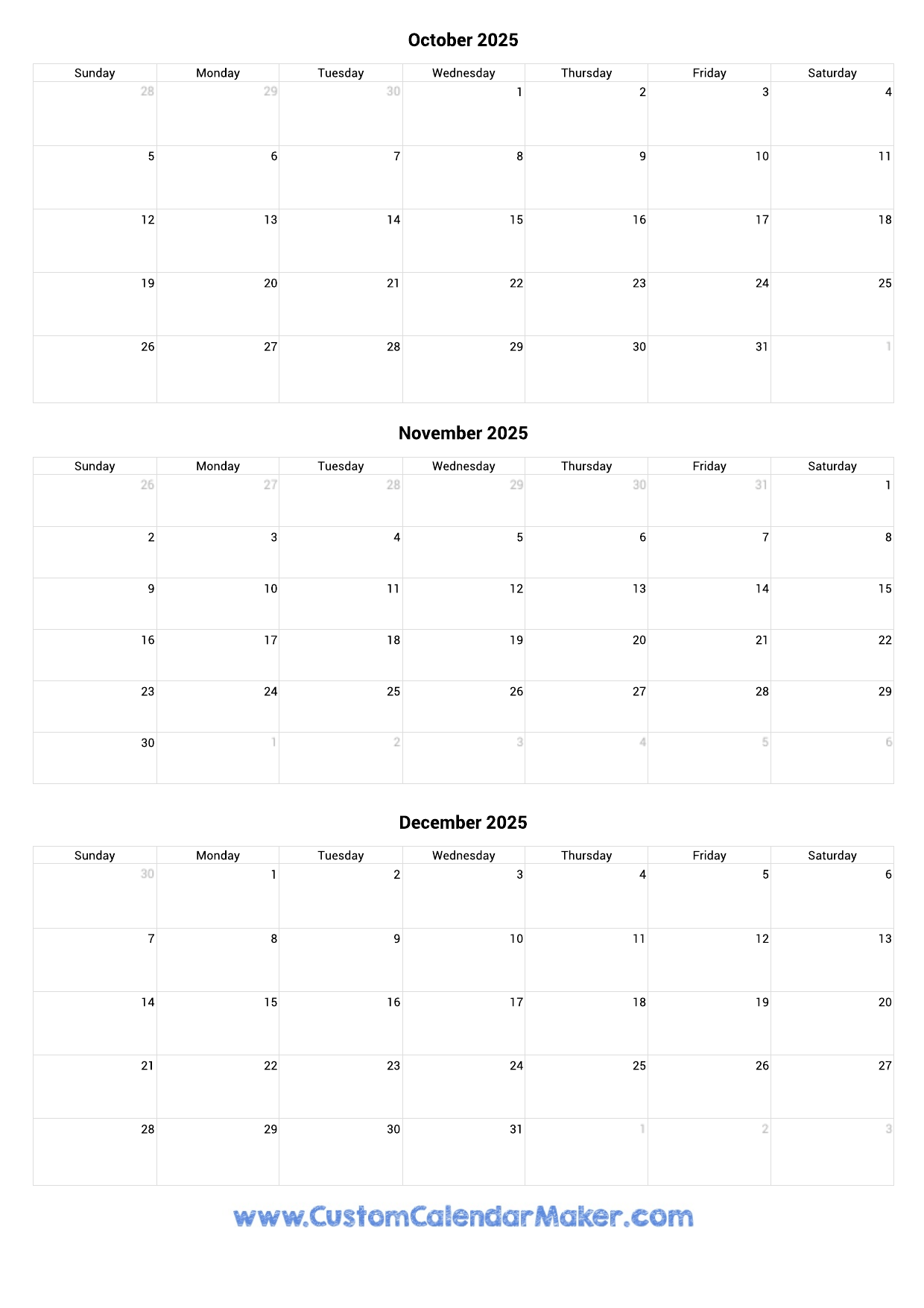 October To December 2025 Calendar Printable Custom Calendar Maker