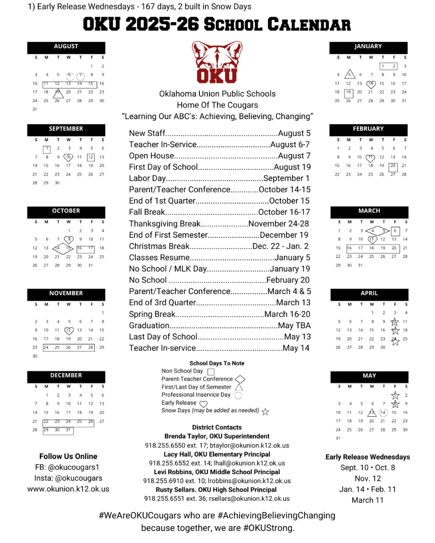 Oklahoma Union Public Schools 2025 26 OKU Calendar