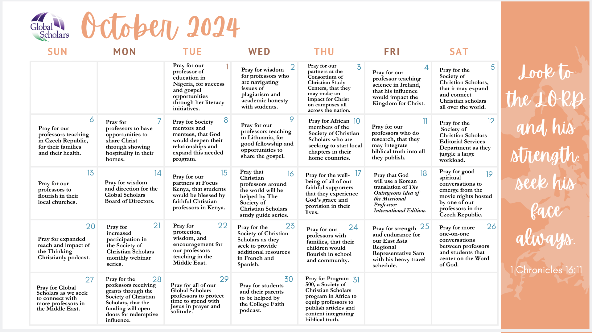 Prayer Calendar October 2024 Global Scholars