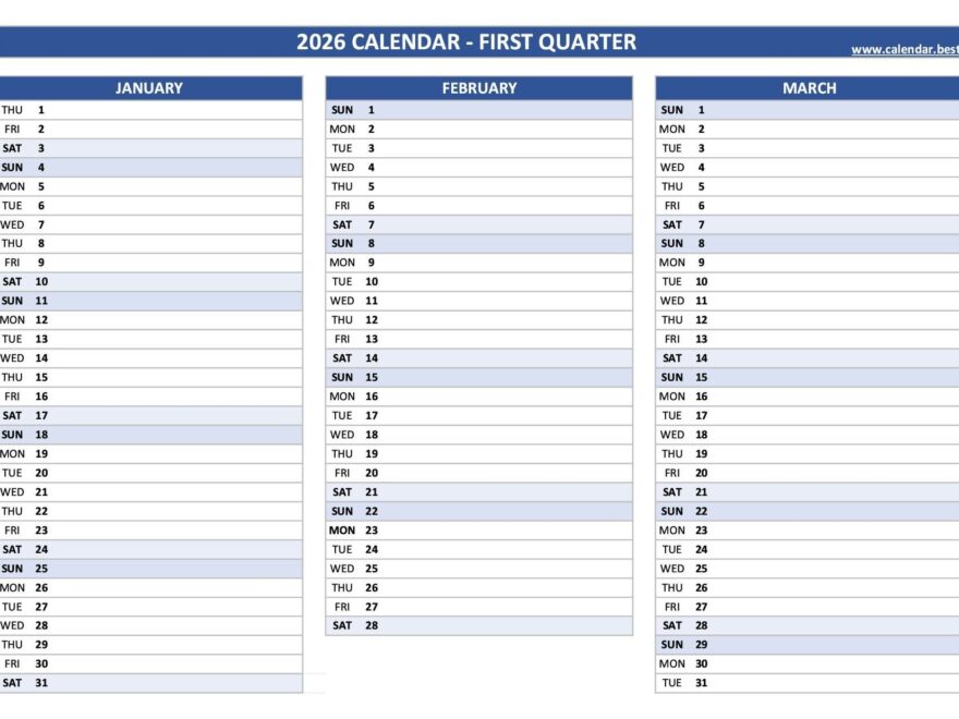 Printable 1st Quarter 2026 Calendar