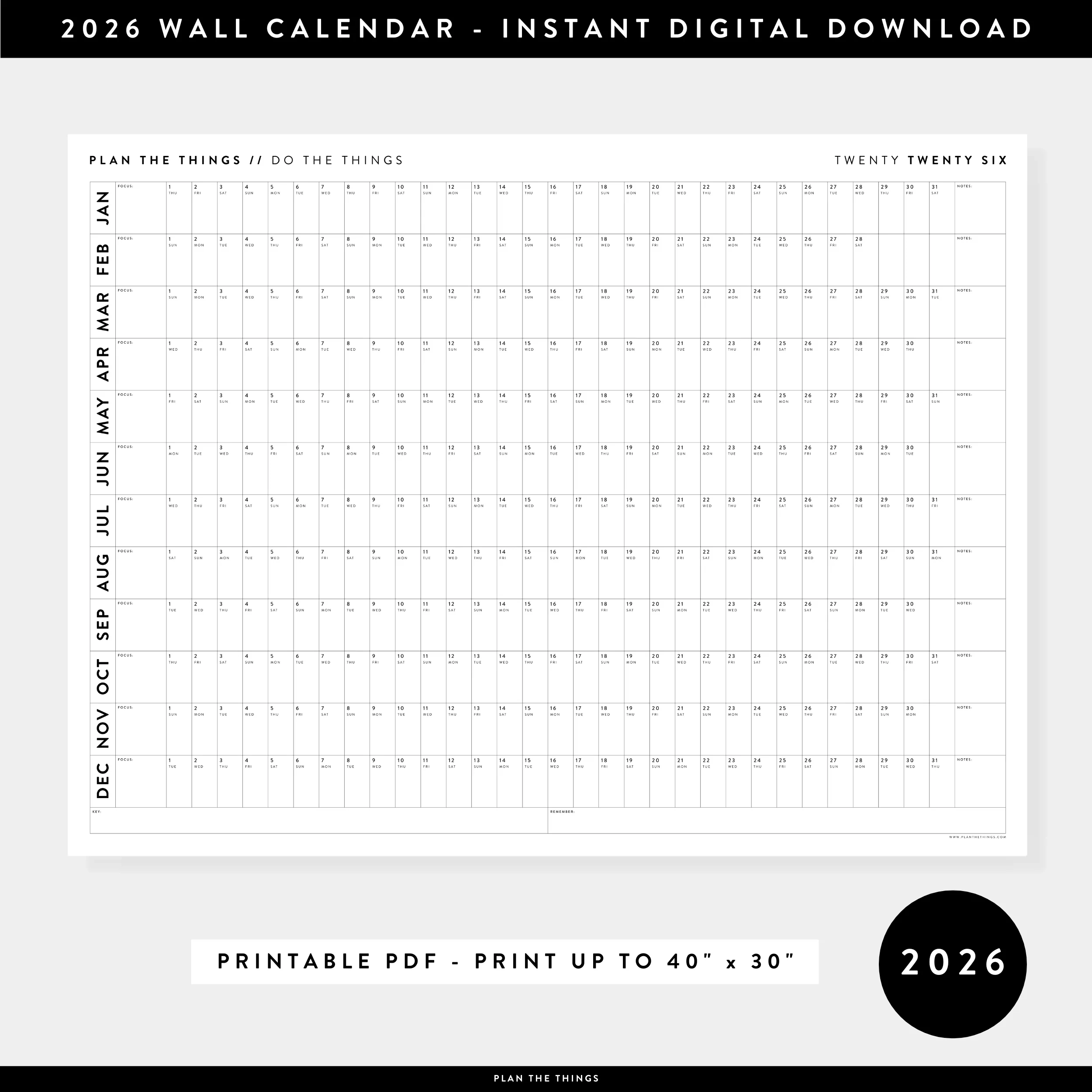 PRINTABLE 2026 HORIZONTAL WALL CALENDAR MINIMAL INSTANT DOWNLOAD Plan The Things