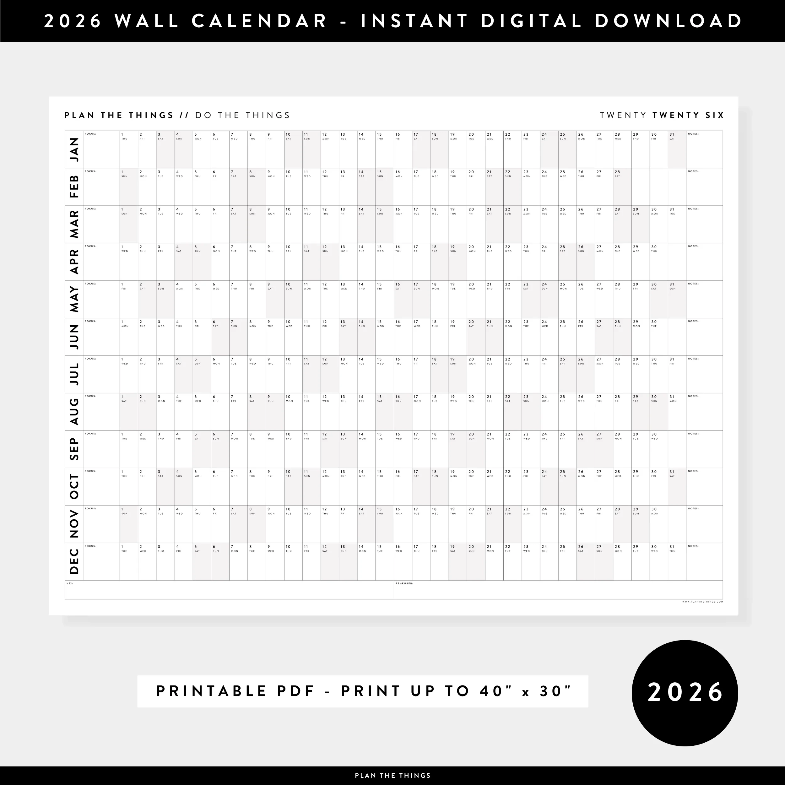 PRINTABLE 2026 HORIZONTAL WALL CALENDAR WITH GRAY WEEKENDS INSTANT D Plan The Things
