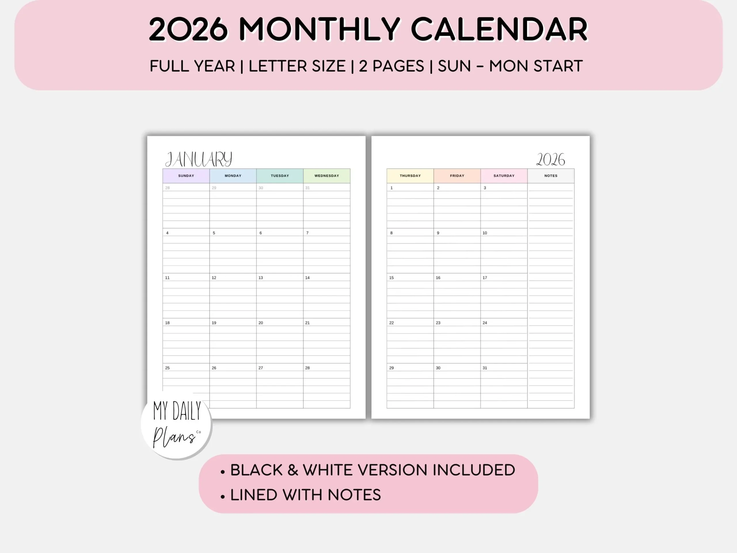Printable Half Size Monthly Calendar 2026