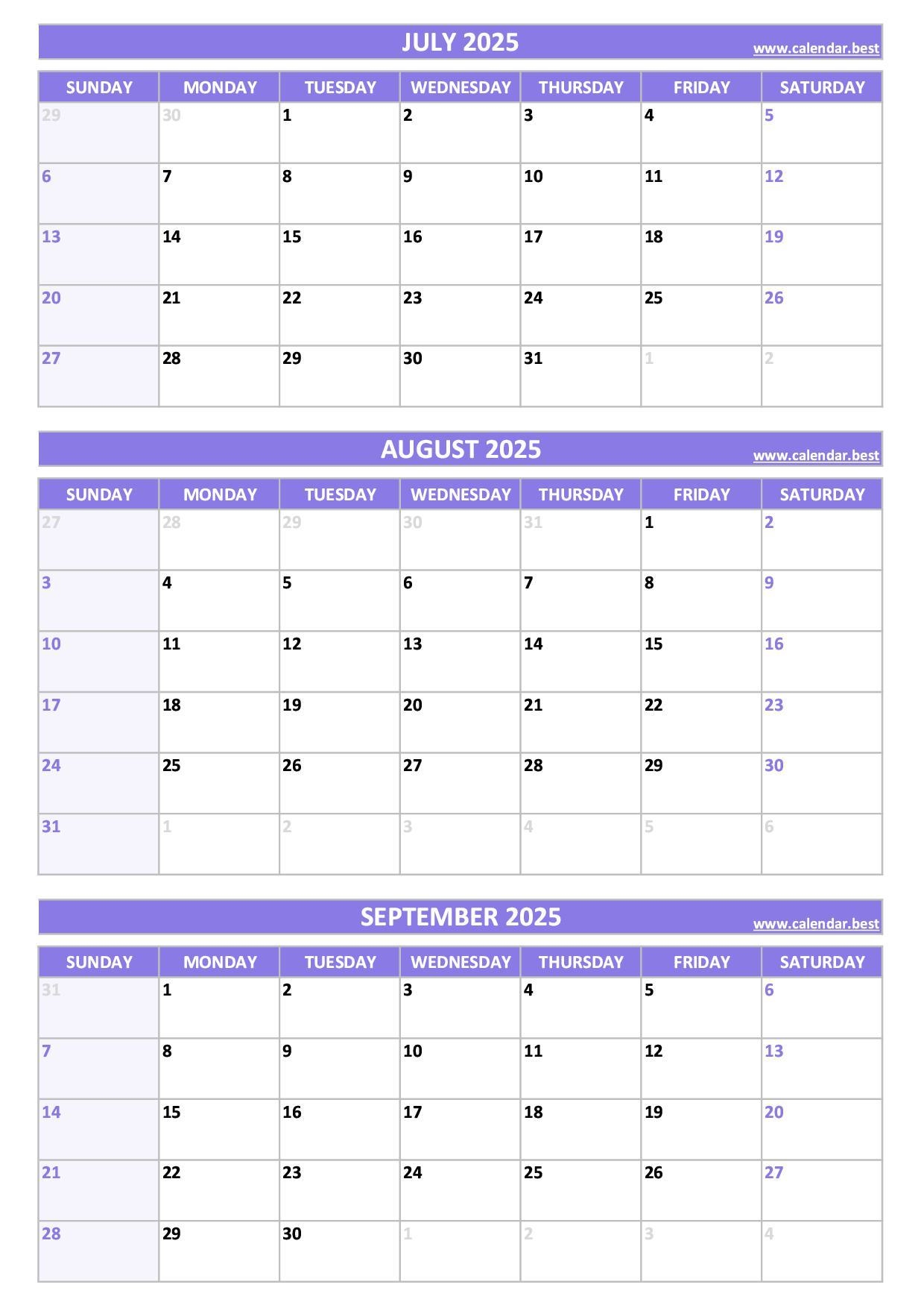 Printable 3rd Quarter 2025 Calendar