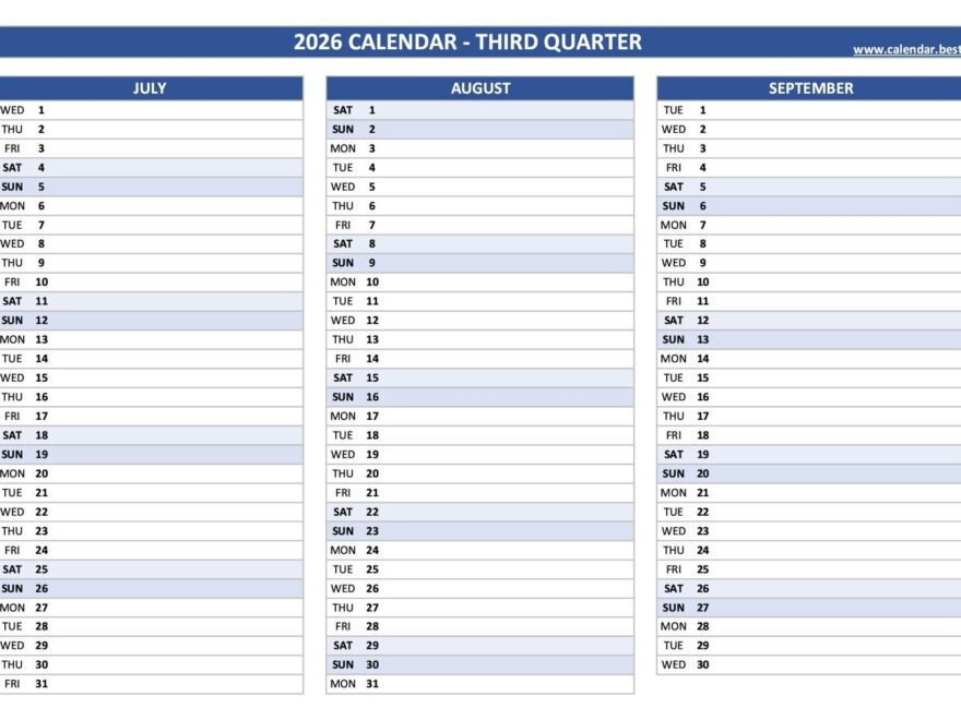 Printable 3rd Quarter 2026 Calendar