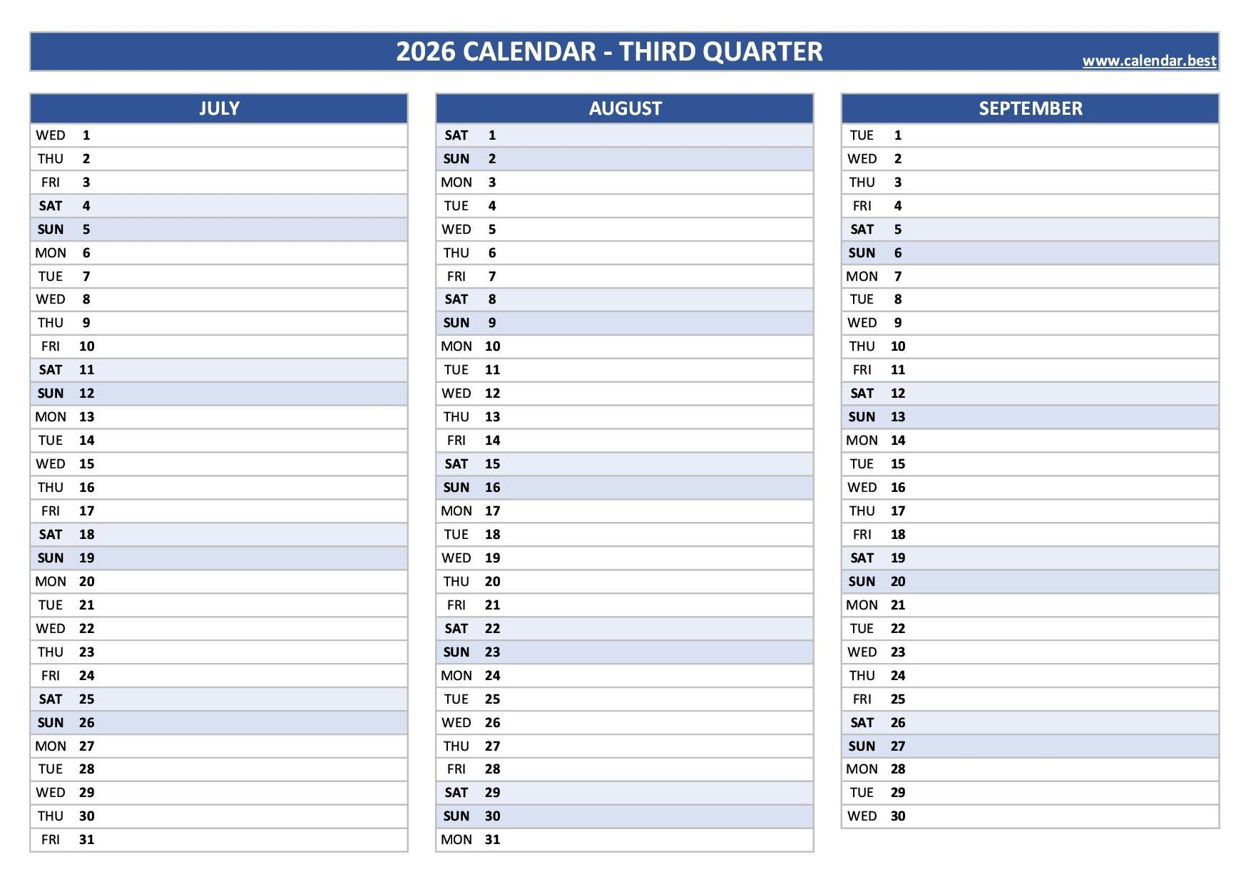 Printable 3rd Quarter 2026 Calendar