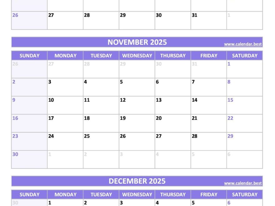 Printable 4th Quarter 2025 Calendar