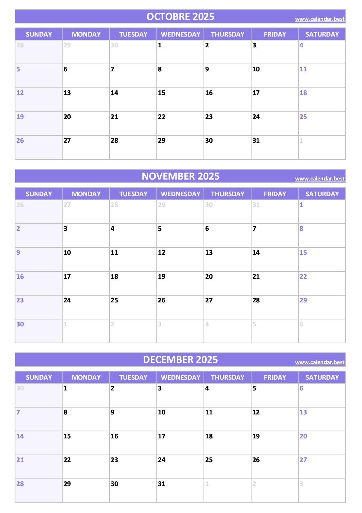 Printable 4th Quarter 2025 Calendar