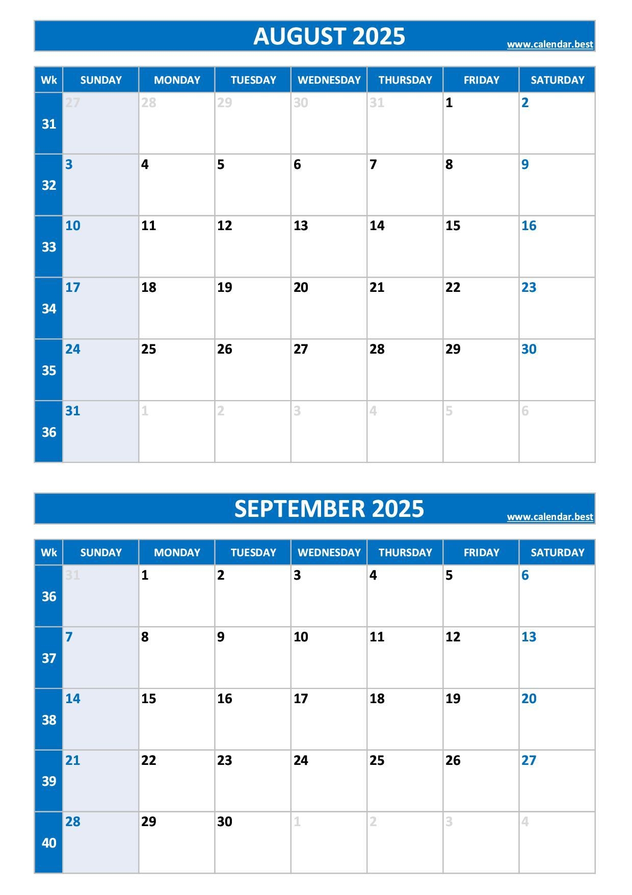 August And September 2025 Calendar Printable