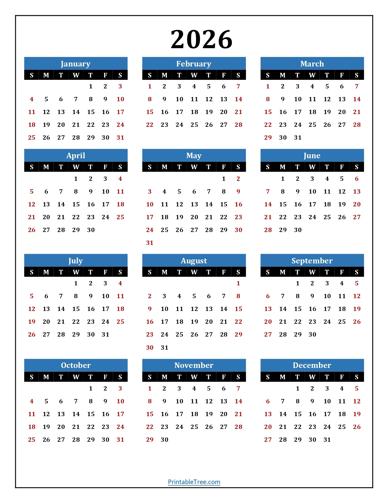 2026 Free Printable Calendar One Page