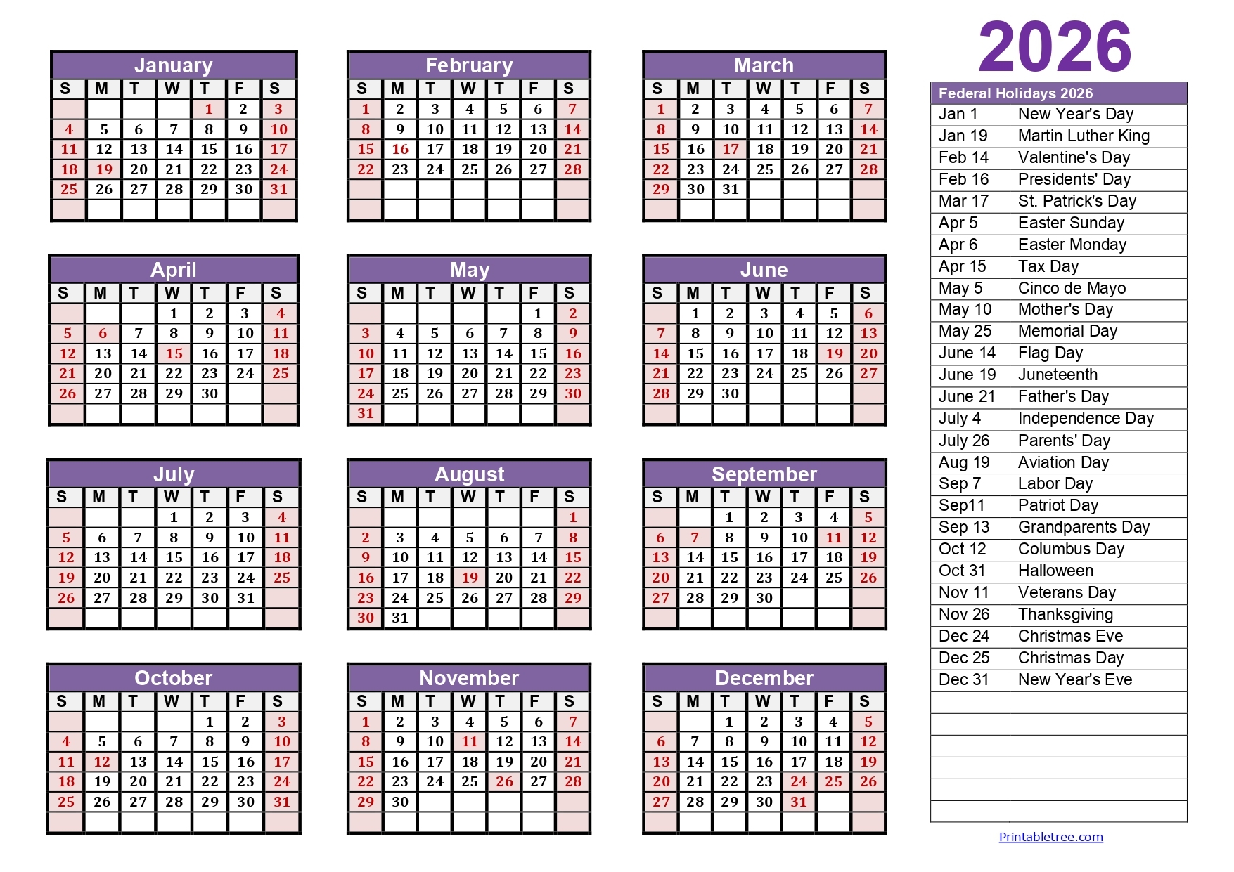 Free Calendar 2026 Printable With Holidays