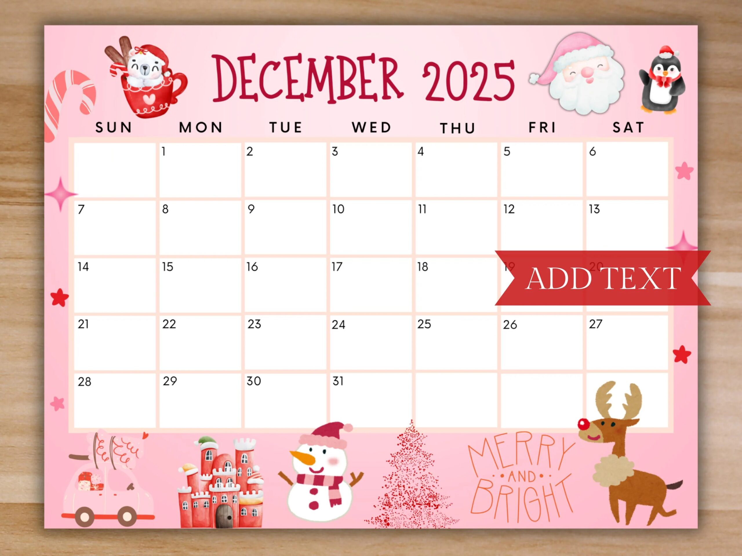 Printable December 2025 Calendar Editable Christmas Calendar W Reindeer Holiday Calendar Merry And Bright Family Calendar Cute Pink Etsy