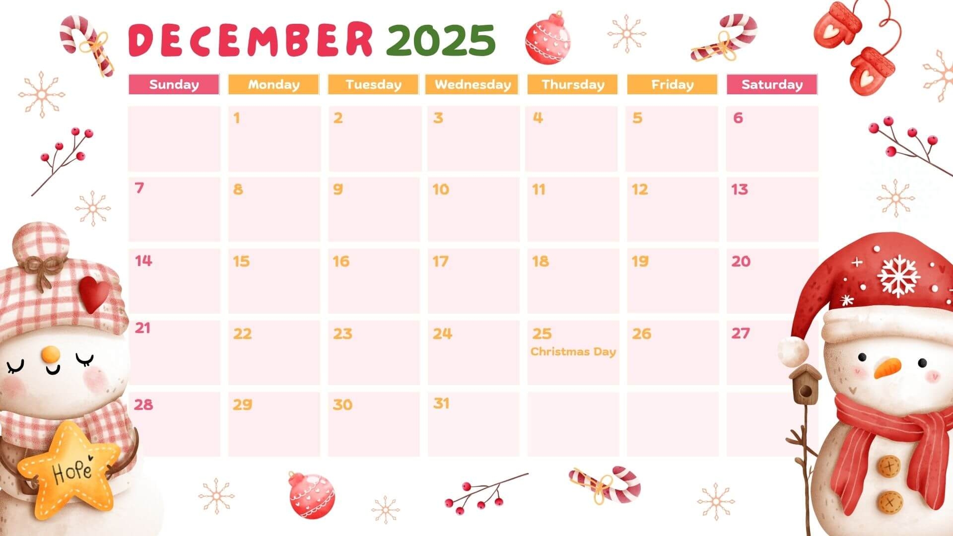 December 2025 Christmas Calendar Printable