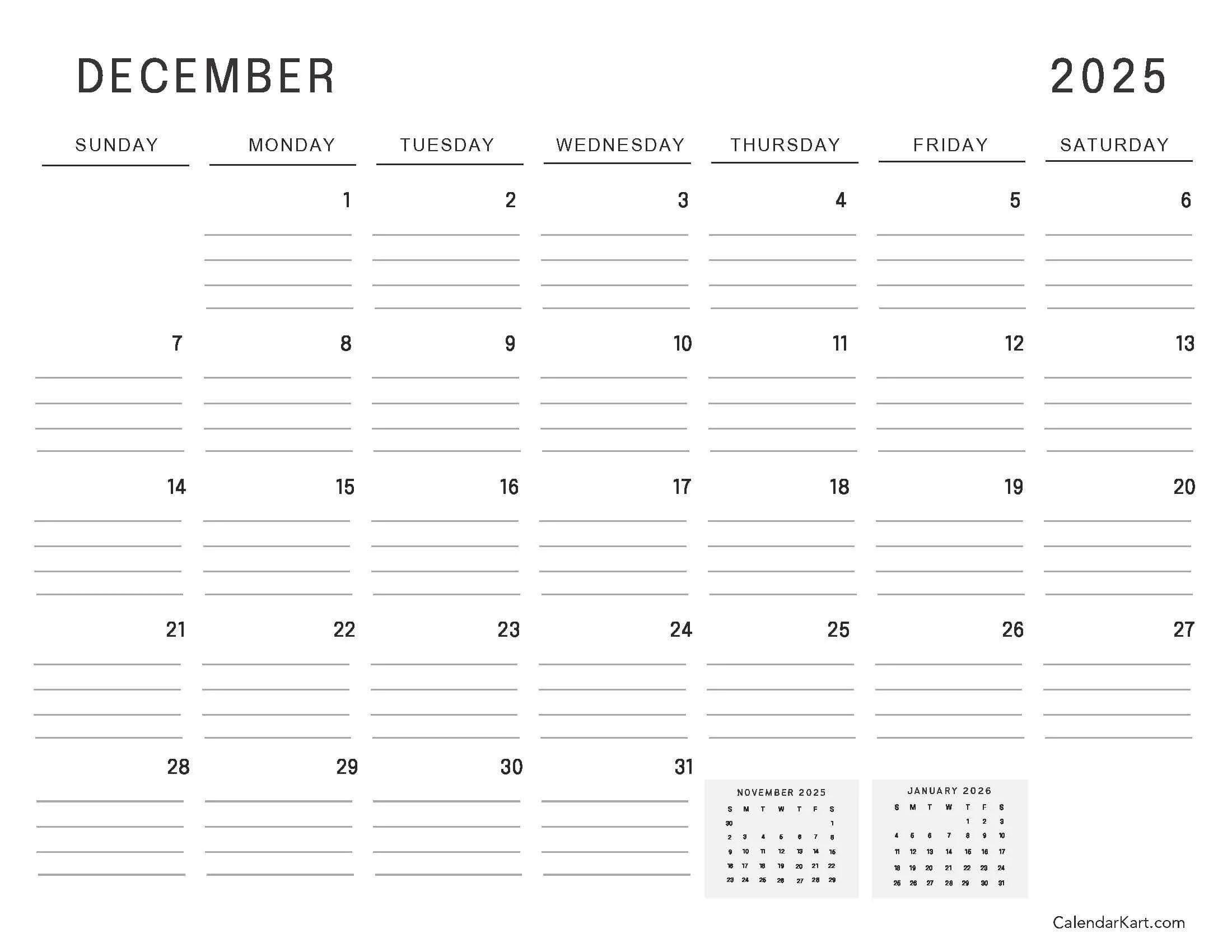 Printable December 2025 Calendars Free Pdf CalendarKart