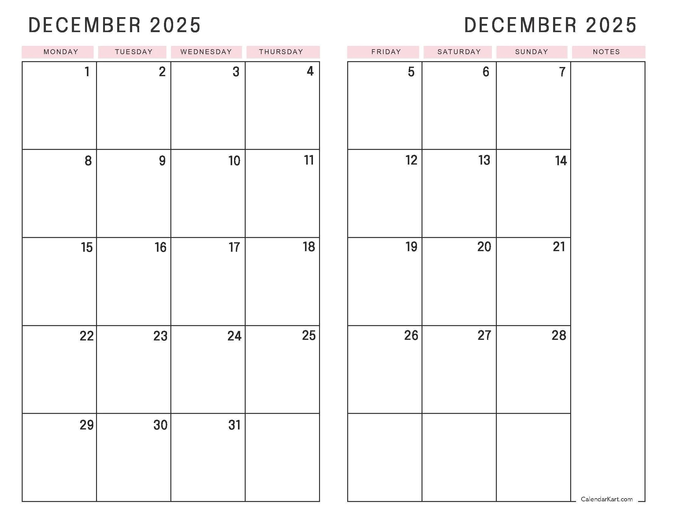 Printable December 2025 Calendars Free Pdf CalendarKart