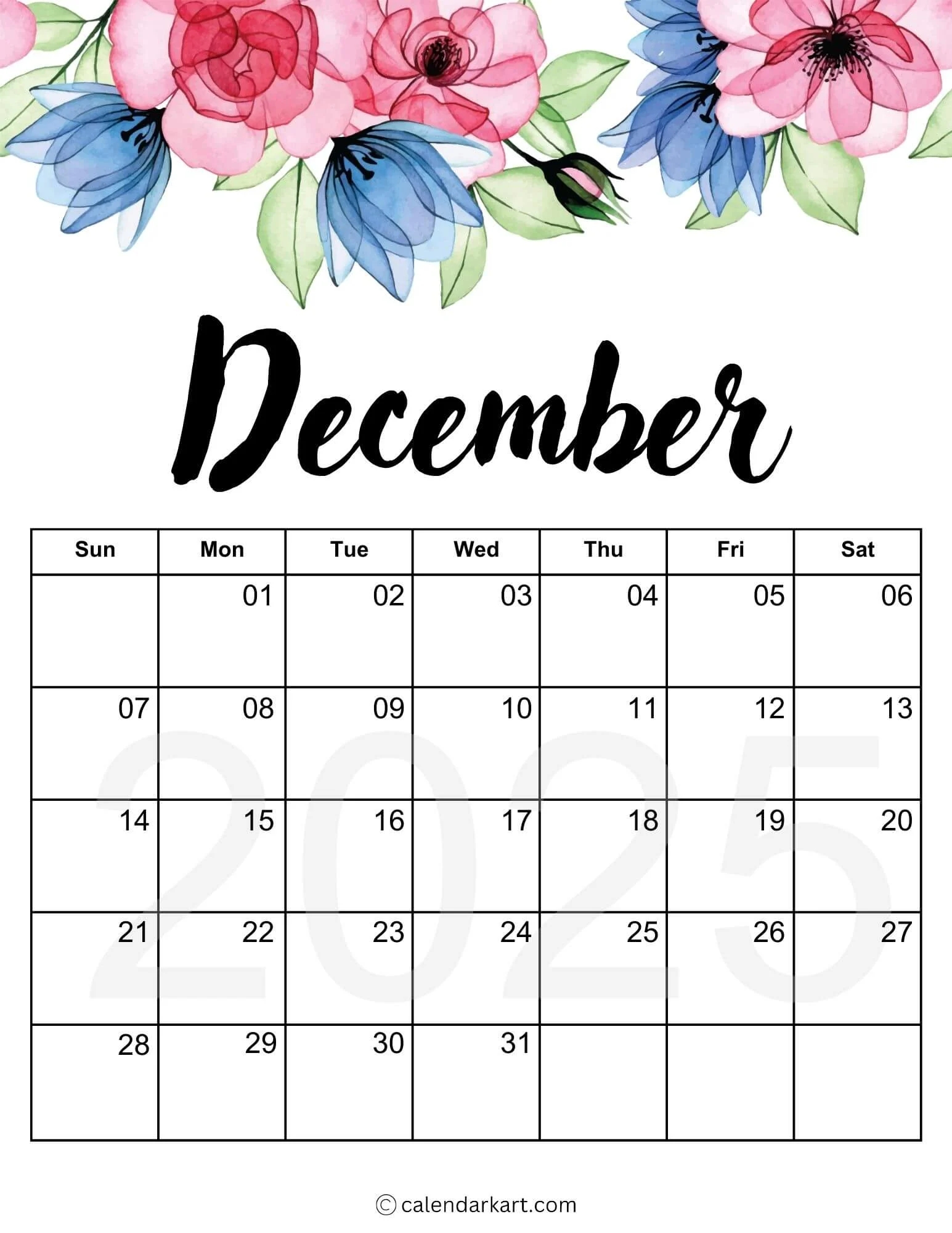 Printable December 2025 Calendars Free Pdf CalendarKart