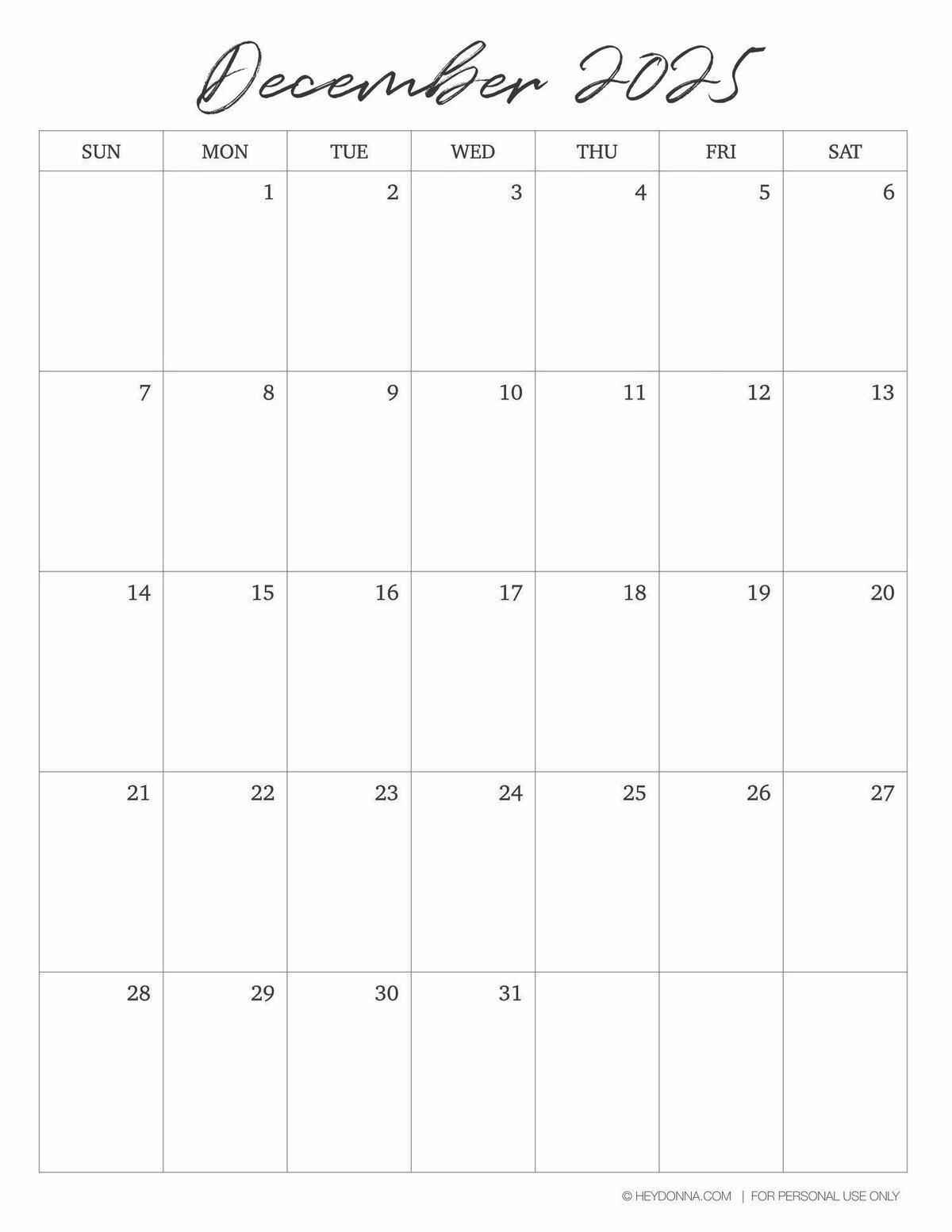 December 2025 Calendar Printable Cute