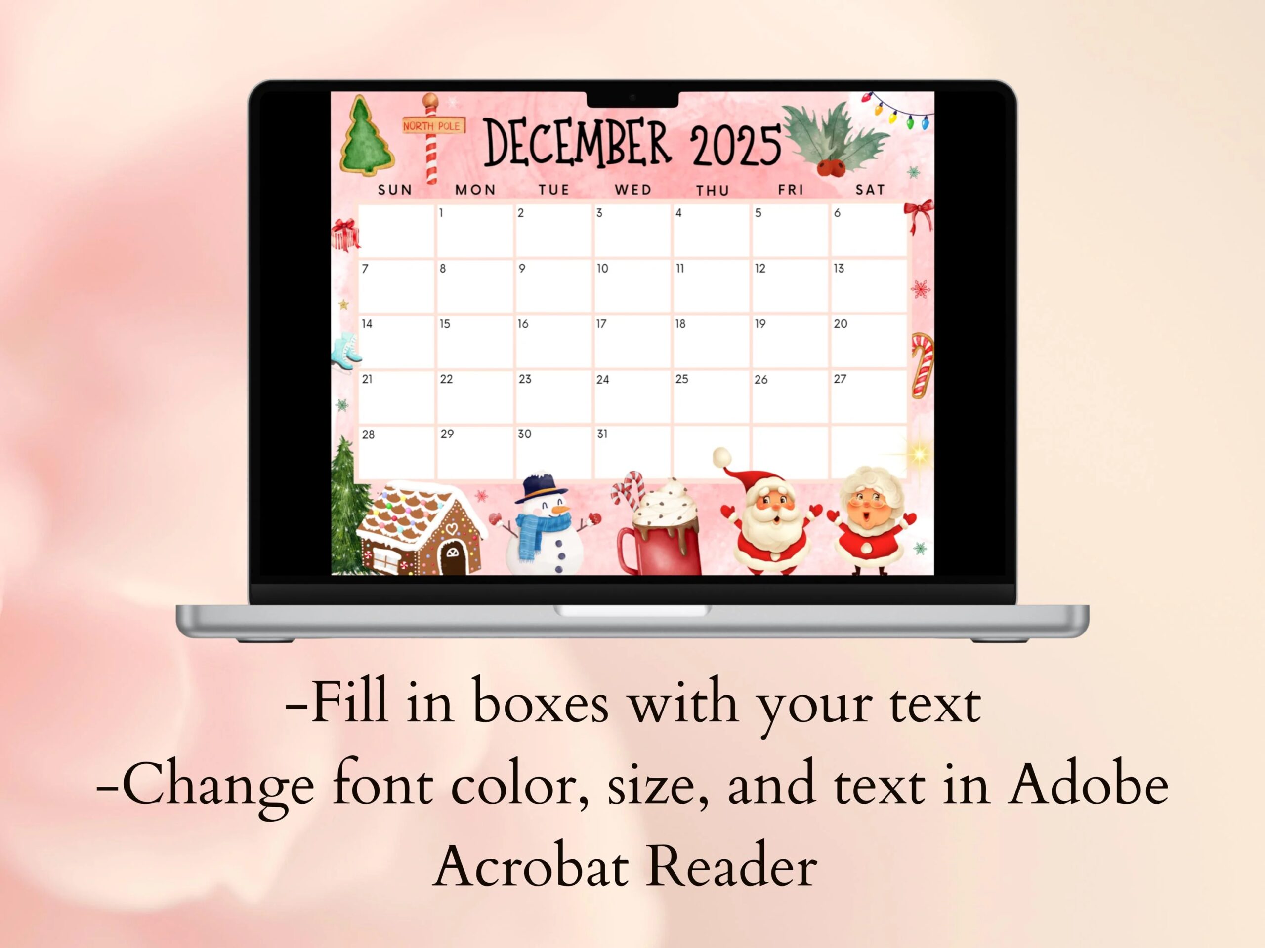 Printable December Calendar 2025 Printable Christmas Calendar W Santa Ms Claus Hot Cocoa Holiday Calendar Family Calendar Digital Etsy