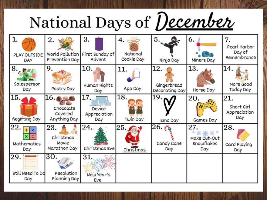 Printable December National Days Calendar Fun Family Calendar December Holiday Calendar Classroom Calendar Holiday Season Etsy Sweden
