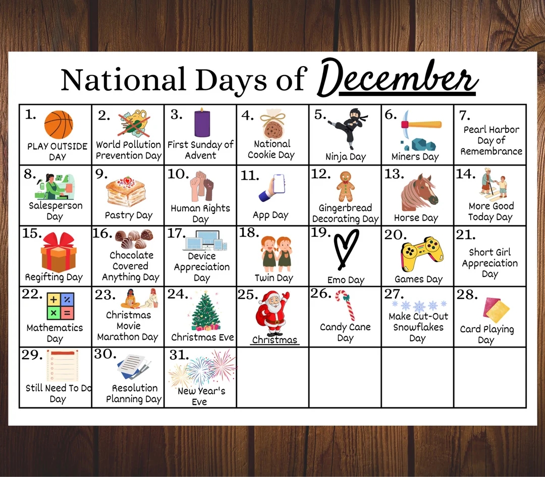 Printable December National Days Calendar Fun Family Calendar December Holiday Calendar Classroom Calendar Holiday Season Etsy Sweden