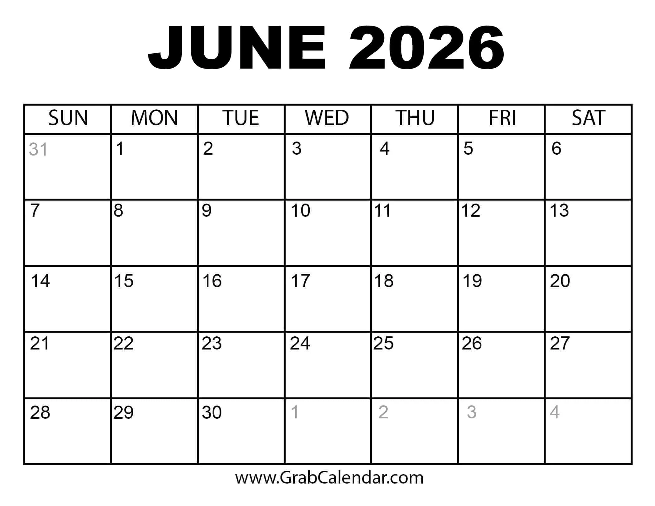 Printable Calendar Summer 2026
